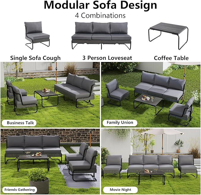 4 Piece Patio Furniture Set, Modern Patio Conversation Set for 5, All Weather Bistro Furniture Set, Metal Patio Sofas Outdoor Sectional with Coffee Table and Cushions for Lawn/Garden, Gray