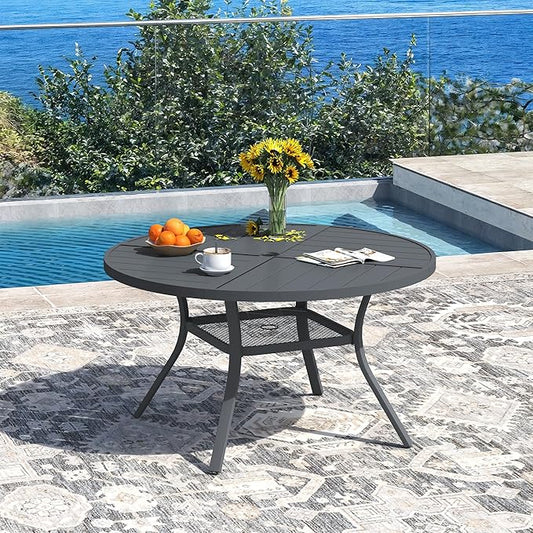DIFY 40.6" Round Outdoor Patio Dining Table for 4, All-Weather Metal Steel Slatted Patio Table with 1.57" Adjustable Umbrella Hole, for Lawn Garden Porch Backyard, Grey