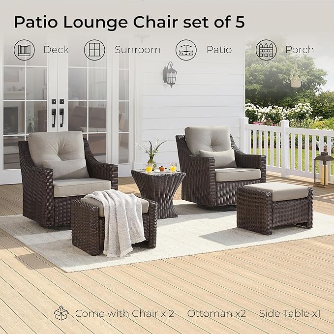 CHITA 5 Pieces Swivel Wicker Patio Furniture Set, Outdoor Conversation Set with 2 Pieces Rattan Rocking Swivel Chairs - Photo 9