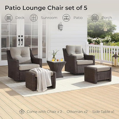 CHITA 5 Pieces Swivel Wicker Patio Furniture Set, Outdoor Conversation Set with 2 Pieces Rattan Rocking Swivel Chairs, 2 Pieces Ottomans, Thickened Cushions and Side Table
