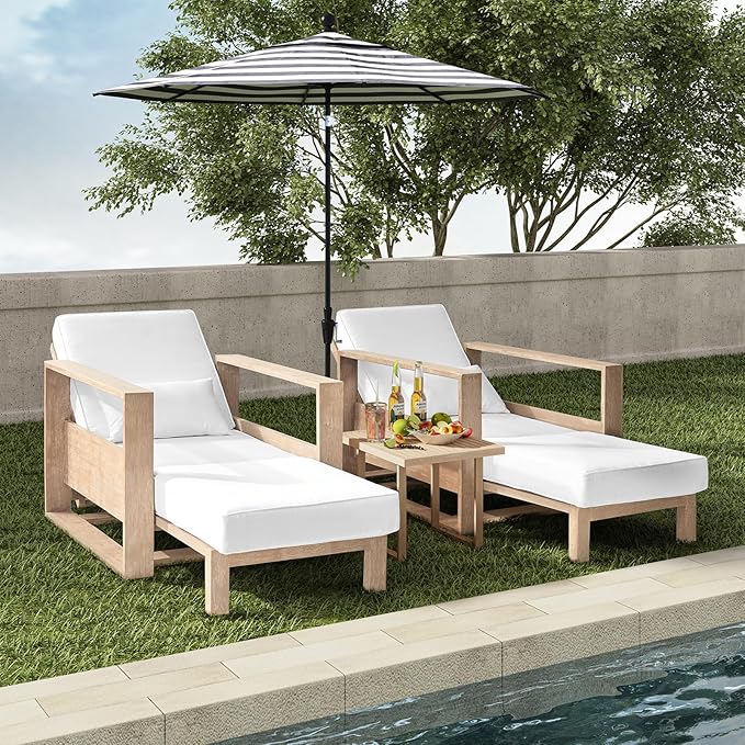 HULALA HOME Outdoor Chaise Lounges Set of 2, Solid Wood Patio Lounge Chairs with Lumbar Pillow, Adjustable Reclining Poolside Lounge Chairs, White