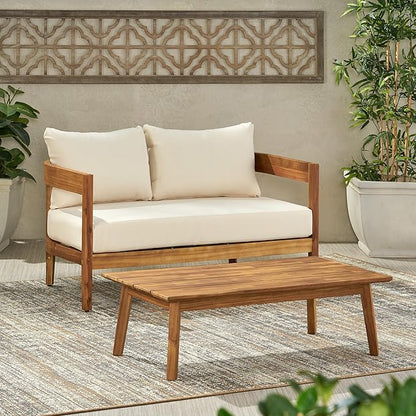 Merax 52" Outdoor Acacia Wood Frame Loveseat Sofa and 35.5" Coffee Table Set,with Cushions for Patio,Garden