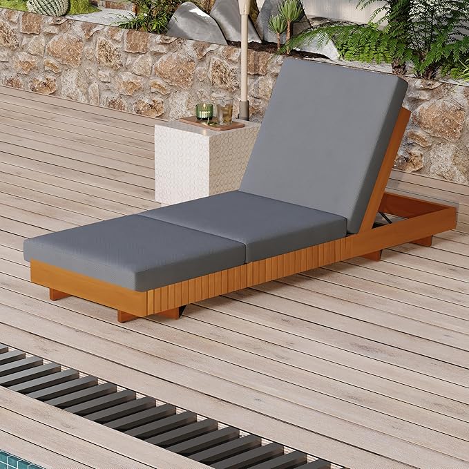 Merax Acacia Wood Chaise Lounge Set w/ 6-Position Adjustable Backrest & Cushion - Outdoor Patio Poolside Furniture, Grey