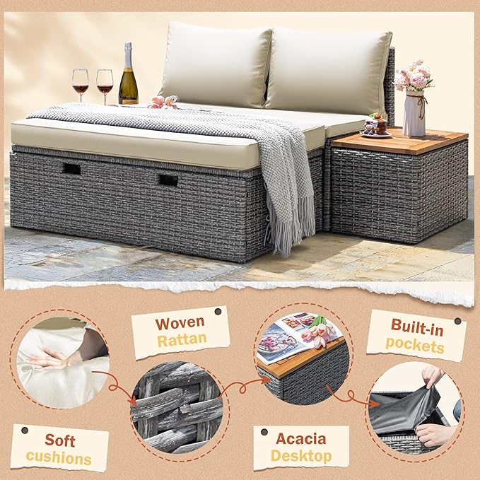 Greesum Patio Furniture Set Multifunctional Outdoor Sectional Sofa Rattan Chaise Lounge Wicker Daybed with Couch, Cushions, Storage Ottoman and 2 Side Tables for Backyard Porch Poolside Lawn, White