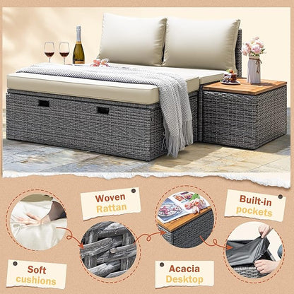 Greesum Patio Furniture Set Multifunctional Outdoor Sectional Sofa Rattan Chaise Lounge Wicker Daybed with Couch, Cushions, Storage Ottoman and 2 Side Tables for Backyard Porch Poolside Lawn, White
