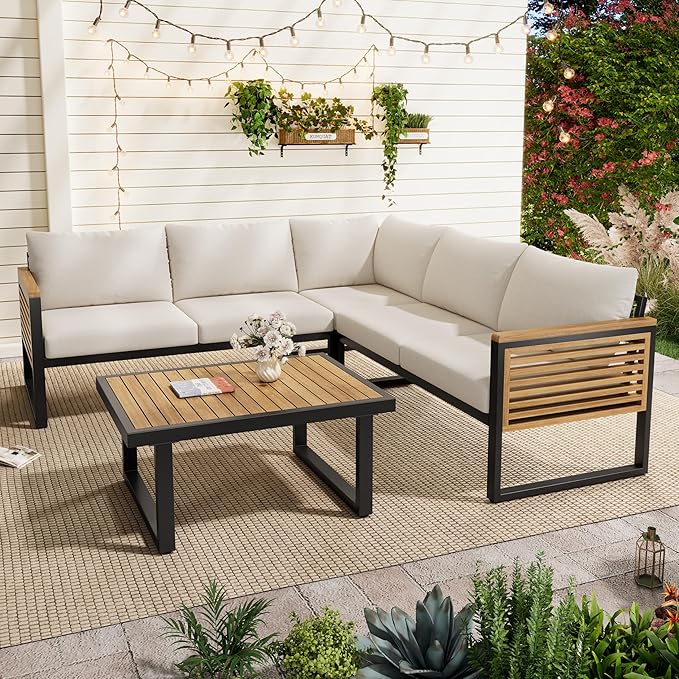 Industrial Acacia Wood Outdoor Sectional Corner Sofa Set with Cushions and Center Table - Patio Garden Balcony - Photo 2