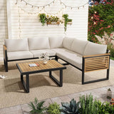 Industrial Acacia Wood Outdoor Sectional Corner Sofa Set with Cushions and Center Table - Patio Garden Balcony - Photo 2