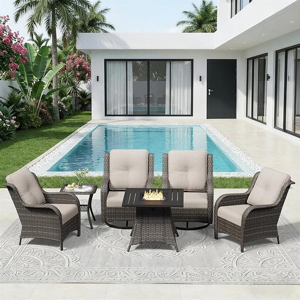 6 Pieces Outdoor Wicker Patio Furniture Set with Fire Pit Table, Patio Chair Set with Thickened Olefin Cushions - Photo 1
