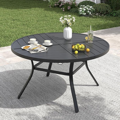 VICLLAX 47.2" Round Patio Table with Umbrella Hole, All Weather Metal Outdoor Dining Table for 6, Outside Table with Storage Shelf for Lawn Garden, Black