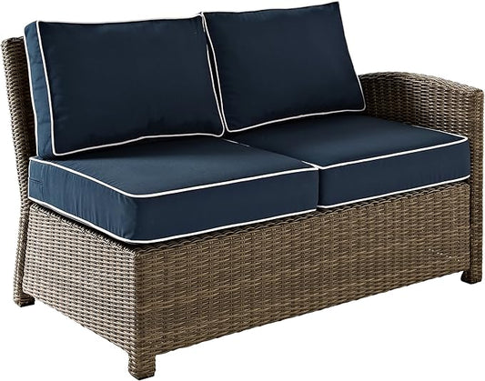 Crosley Furniture Bradenton Outdoor Sectional Right Side Loveseat, 2-Person Wicker Patio Couch for Deck, Brown with Navy Cushions