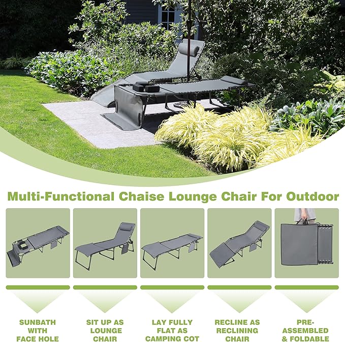 Foldable Outdoor Chaise Lounge Chair with Face & Arm Hole, Portable Tanning Chair with 5-Position Adjustable Back, Detachable Pillow and Pocket for Patio, Beach and Pool, Gray