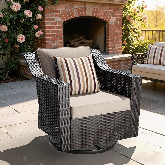Outdoor Furniture Swivel Chair, Patio Glider Wicker Rocker Seating with Cushions for Porch Deck Balcony (Beige) - Photo 5