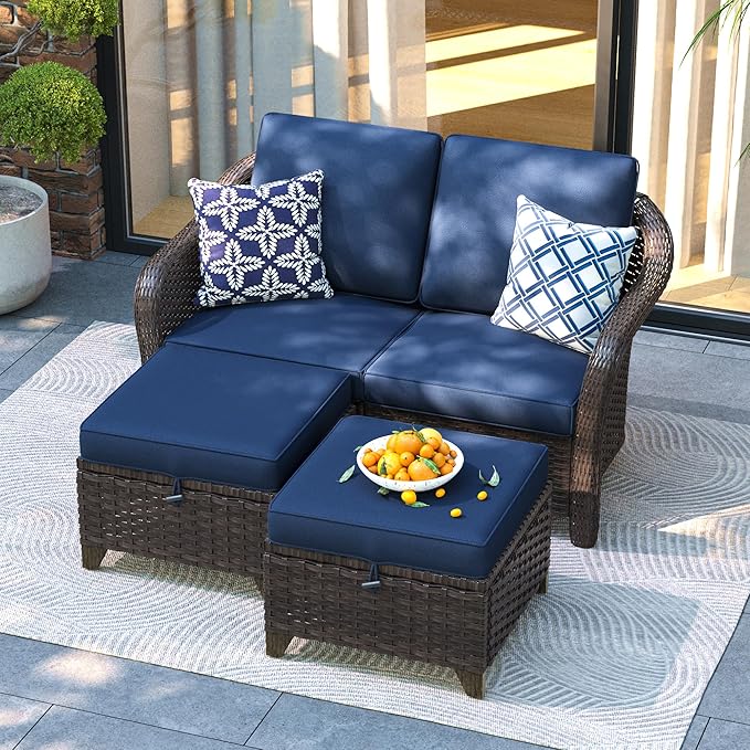 3 Pieces Patio sectional Sofa Set, Outdoor Conversation Furniture Set, 55" Patio Couch with 2 Ottomans - Photo 1
