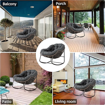 Large Indoor Outdoor Rocking Chair, Oversized Rocking Papasan Chair with Thick Cushion and Frame Outdoor Rocker, Comfy Wicker Egg Chairs Lounge for Outside Porch Patio Backyard (Dark Grey, Set of 2)