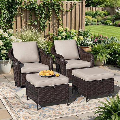 4 Piece Patio Wicker Conversation Set, 2 All-Weather Use Outdoor Wicker Swivel Chairs with 2 PE Rattan Ottomans,Ideal for Porch, Backyard, Balcony, Poolside, Beige