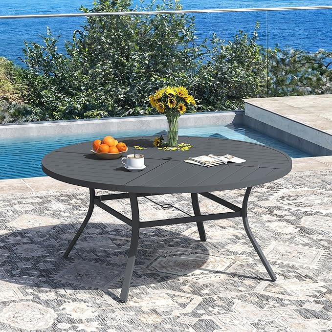 DIFY 53.1" Round Outdoor Patio Dining Table for 6-8, All-Weather Metal Steel Slatted Patio Table with 1.57" Adjustable Umbrella Hole, for Lawn Garden Porch Backyard, Grey