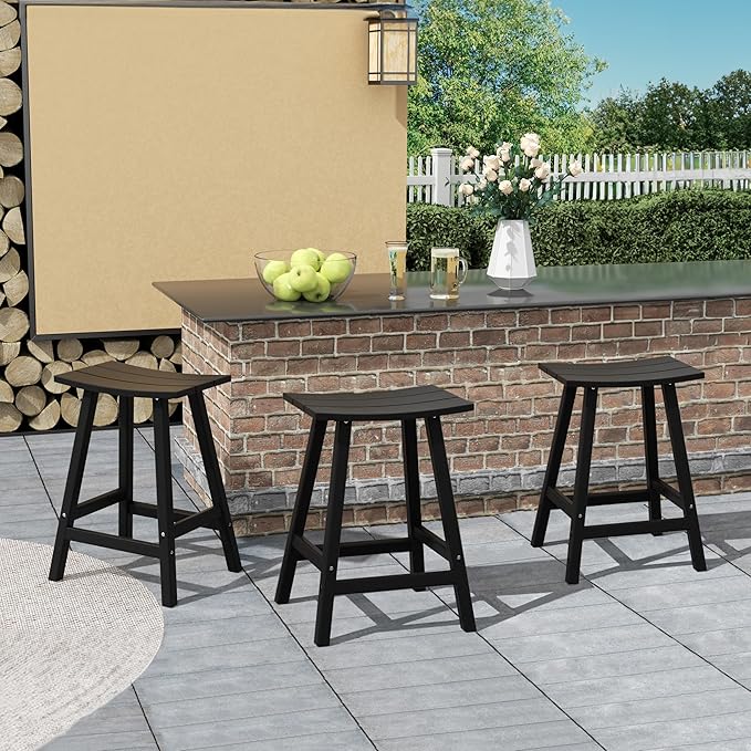 Costaelm All-Weather Bar Stools Set of 3, 24" Height Outdoor Bar Stools, Adirondack Poly Patio Bar Stool for Patio, Deck, Kitchen Counter and Garden, Black
