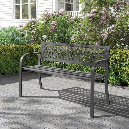 Outdoor Garden Bench, Weatherproof Metal Park Bench for Garden Lawn Porch Park Backyard, Sturdy Steel Patio Bench with Ergonomic Backrest for Front Porch Entryway Outside Seating, Black
