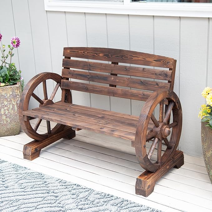 Zingz & Thingz Rustic American Old West Outdoor Home & Garden Wooden Wagon Wheel Bench, 42.25x21x31, Brown