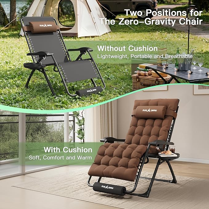 Amopatio Oversized Padded Zero Gravity Chair, XL 29In Reclining Camping Lounge Chair w/Removable Cushion&Headrest, Upgraded Lock and Footrest, Folding Patio Recliner for Indoor Outdoor, Brown