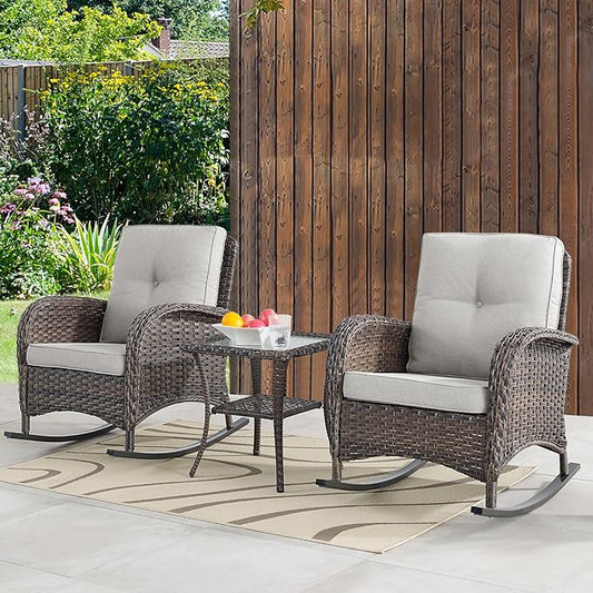 Belord Patio Wicker Furniture with Rocking Chairs Loveseat, 5 Piece Rattan Furniture Outdoor Table and Rocking Chairs Set for Patio Deck Porch Backyard Brwon/Beige