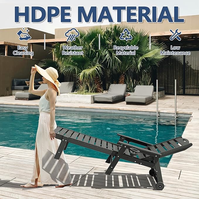 Patio Chaise Lounge Chair, HDPE Outdoor Lounge Chairs with 5-Position Adjustable Backrest, Cup Holder and Wheels, 450lbs Capacity for Poolside Deck Backyard, All Weather Material(Gray)