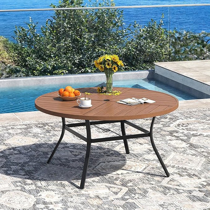 DIFY 50" Round Outdoor Patio Dining Table for 6, All-Weather Metal Steel Slatted Patio Table with 1.57" Adjustable Umbrella Hole, for Lawn Garden Porch Backyard, Walnut