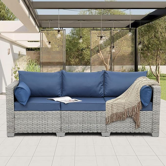 WAROOM Outdoor Couch 3 Seater Wicker Patio Sofa Grey Rattan Balcony Furniture Deep Seat Porch Seating, Navy Blue Cushion