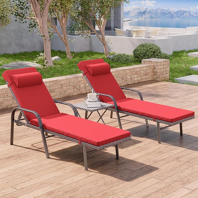 3 Pieces Patio Chaise Lounge Set Outdoor PE Rattan Armrest Lounge Chair Adjustable Backrest Reclining Chair with Folding Table and Cushion for Patio Poolside Backyard Porch Beach(Red)