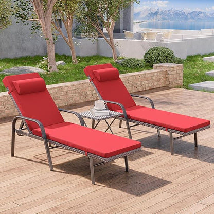 3 Pieces Patio Chaise Lounge Set Outdoor PE Rattan Armrest Lounge Chair Adjustable Backrest Reclining Chair with Folding Table and Cushion for Patio Poolside Backyard Porch Beach(Red)