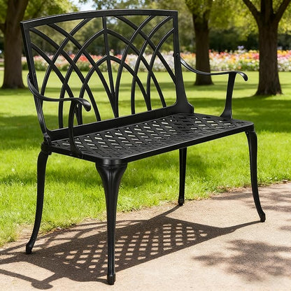 38" Outdoor Bench,Metal Outside Benches for Garden,Patio,Front Porch, Park, Yard, with Armrest and Backrest,Weatherproof,Water Resistant,Aluminum,Support up to 550lbs,Black