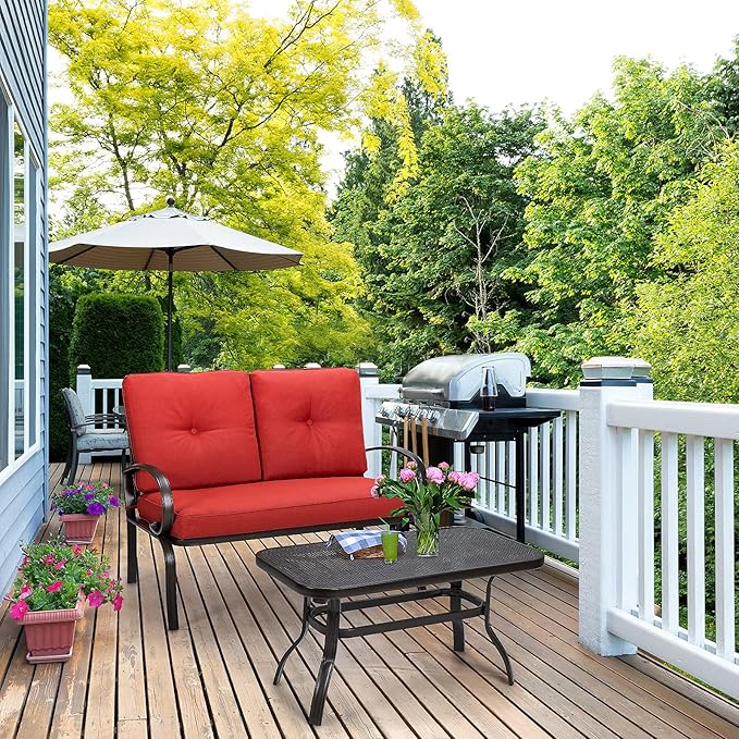 DORTALA 2-Piece Patio Furniture Set, Outdoor Indoor Loveseat and Coffee Table Set, Outdoor Sofa Metal Garden Bench with Soft Cushions, for Balcony, Lawn,Porch, Poolside, Red