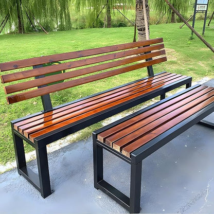 LITFAD Mid-Century Metal Park Bench in Black with Waterproof Wood Seating Gym Rest Bench Patio Bench for Outdoor Use - 59" L x 16" W x 18" H