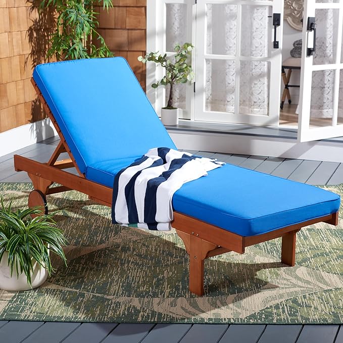 SAFAVIEH Outdoor Collection Newport Natural/ Royal Blue Cushion Built-in Side Table Adjustable Chaise Lounge Chair