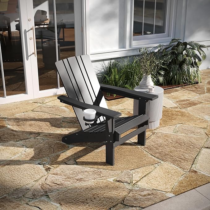 Taylor & Logan Hedley Adirondack Chair with Cup Holder, Weather Resistant HDPE Adirondack Chair in Gray, Set of 2