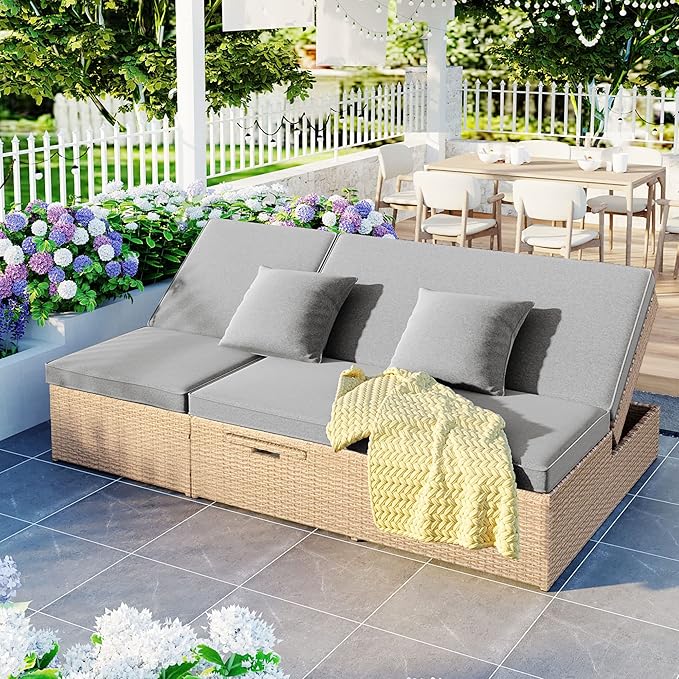 Patio Rattan Sunbed, All Weather Outdoor Wicker Double Daybed with Adjustable Backrest and Cup Tray - Photo 1