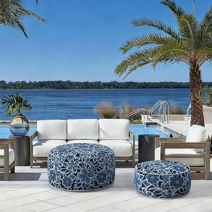 LVTXIII Indoor/Outdoor Extra Large Inflatable Ottoman Pouf D31 x H14 Inch, Round Footstool with Handle, Weather-Resistant Portable Furniture for Patio, Camping, Beach, Flower Navy