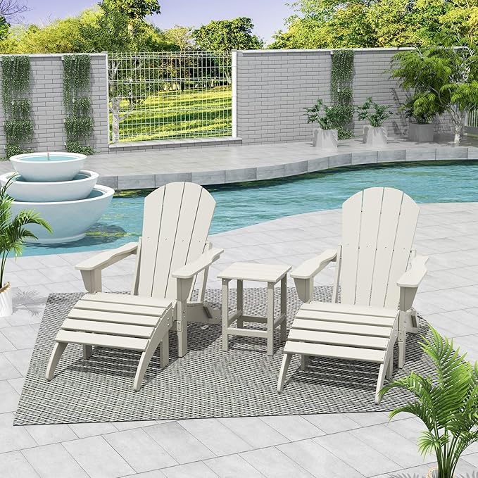 WestinTrends Malibu Outdoor Lounge Chairs Set, 5-Pieces Adirondack Chair Set of 2 with Ottoman and Side Table, All Weather Poly Lumber Patio Lawn Folding Chair for Outside, Sand