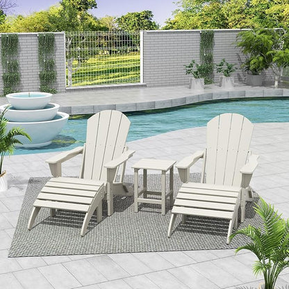 WestinTrends Malibu Outdoor Lounge Chairs Set, 5-Pieces Adirondack Chair Set of 2 with Ottoman and Side Table, All Weather Poly Lumber Patio Lawn Folding Chair for Outside, Sand