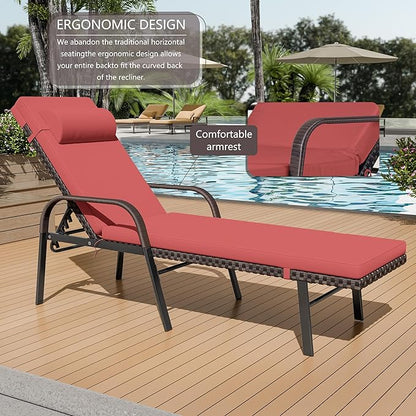Patio Chaise Lounge Set 3 Pieces Outdoor Lounge Chair with Rattan Adjustable Backrest Armrest and Folding Table for Beach Patio,Sand, for Poolside Backyard Porch