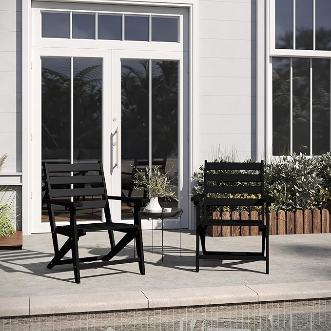 Flash Furniture Tolleson Adirondack Dining Chair with Cup Holder, Commercial Weather Resistant Recycled HDPE Adirondack Chair, Fold Out Cupholder, Black