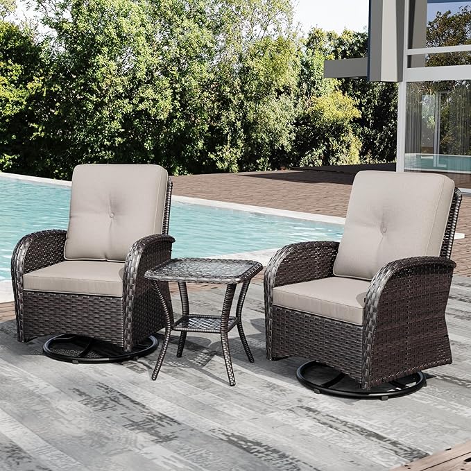Joyside Outdoor Swivel Rocker Chairs, 3 Piece Wicker Patio Set with Thickened Cushions, High Back, Deep Seating - Photo 9