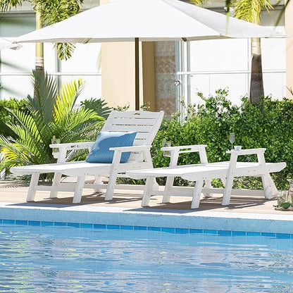 nalone Outdoor Chaise Lounge Chair Set of 2 with Wheels & Cup Holder, HDPE Pool Lounge Chairs with 5-Position Adjustable Backrest Supports Up to 400 LBS for Patio Poolside Deck Beach Backyard (White)