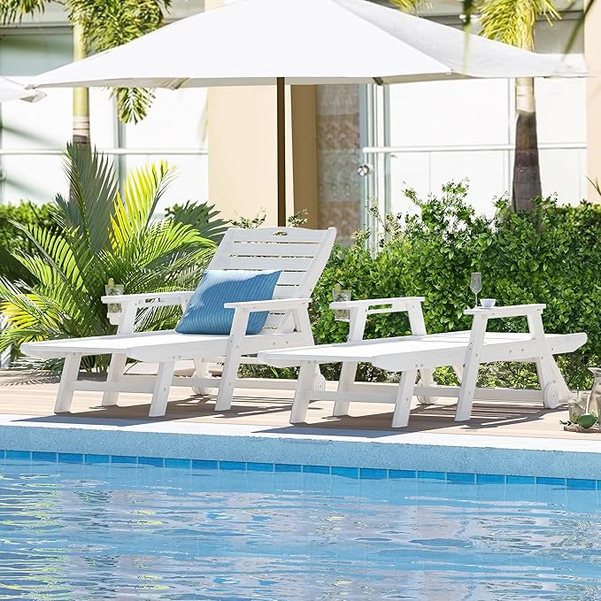 nalone HDPE Chaise Lounge Chair Outdoor with Wheels & Cup Holder, Pool Lounge Chairs with 5-Position Adjustable Backrest, Supports Up to 400 LBS for Patio Poolside Deck Beach Backyard (White)