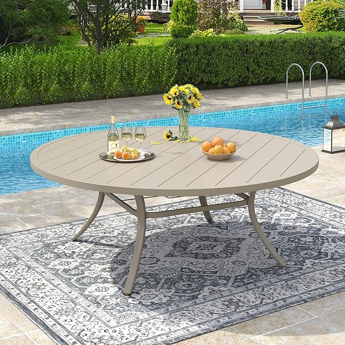 VICLLAX 63" Outdoor Patio Dining Table for 8-10, Metal Round Table with Umbrella Hole for Deck Lawn Garden Backyard - Photo 7