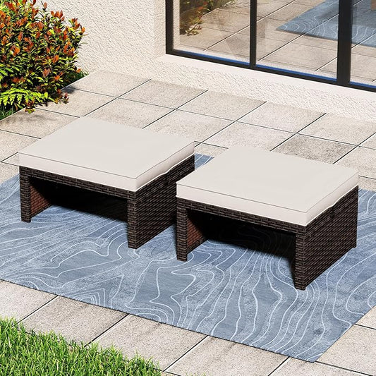 Tangkula 2 Pieces Patio PE Rattan Ottomans, Multipurpose Outdoor Footstool Footrest Additional Seating Side Table with Soft Zippered Cushions for Deck, Garden, Poolside and Yard (White)