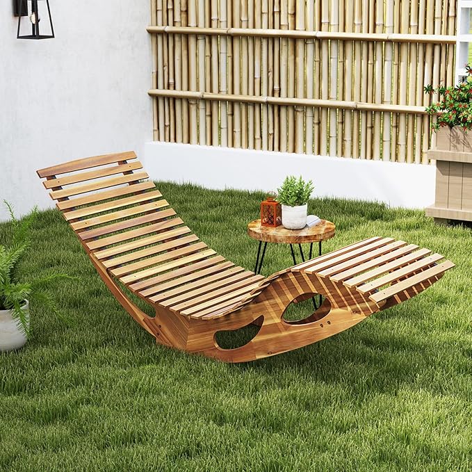 Tangkula Outdoor Chaise Lounge Chair, Acacia Wood Rocking Sun Lounger with Slatted Backrest and Seat, Wooden Rocker Lounge Chair for Patio, Garden and Poolside