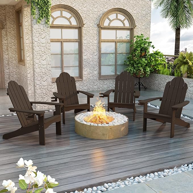 LUE BONA HDPS Adirondack Chairs Set of 2, Fire Pit Outdoor Chair Weather Resistant with Cup Holder, Modern Plastic Chair Plastic for Patio, Deck, Proch, 350LBS, Dark Brown