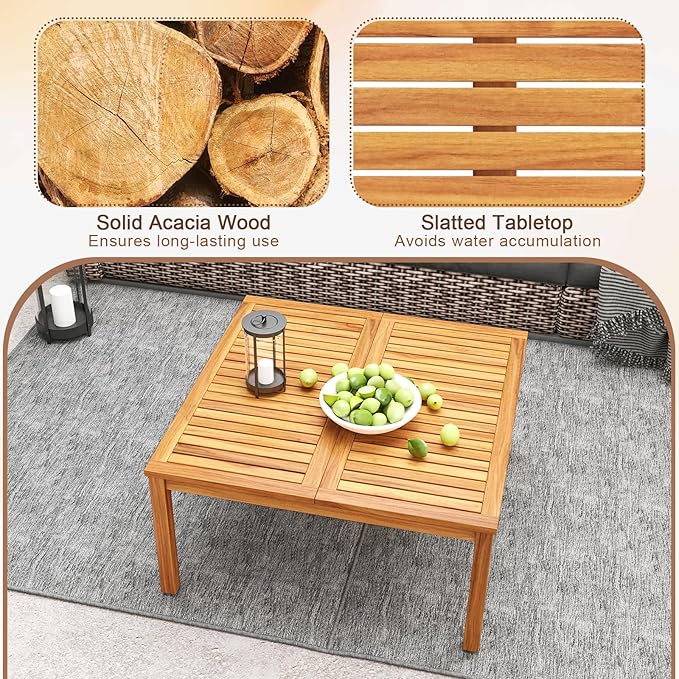HAPPYGRILL Outdoor Coffee Table Acacia Wood Patio Table with Slatted Tabletop, Square Coffee Table for Outside Balcony, Garden & Poolside, Natural