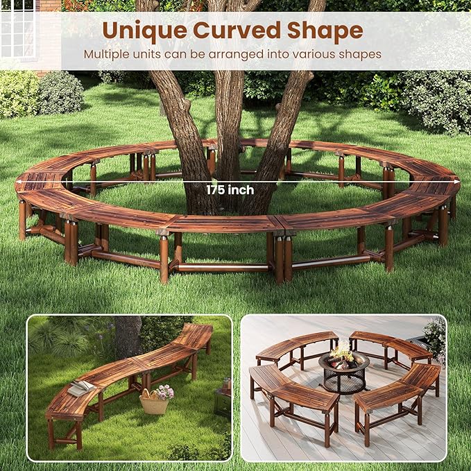 Tangkula Patio Curved Bench Set of 4, Solid Wood Fire Pit Bench for 2-3 People, Outdoor Backless Loveseat for Backyard, Garden, Poolside, 800 LBS Max Load (Rustic Brown)